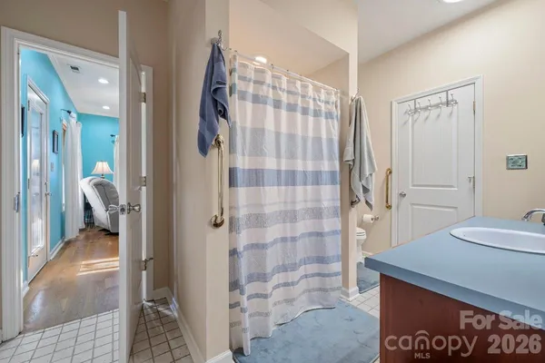 a bathroom with a sink and a shower