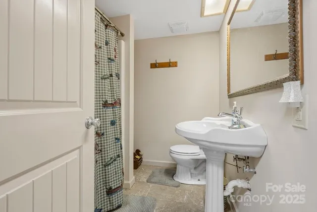 a bathroom with a sink a toilet and shower curtain