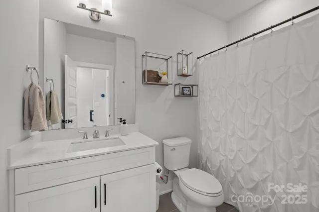 a bathroom with a sink a toilet and shower curtain