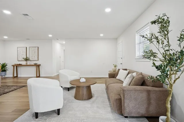 a living room with furniture and a potted plant
