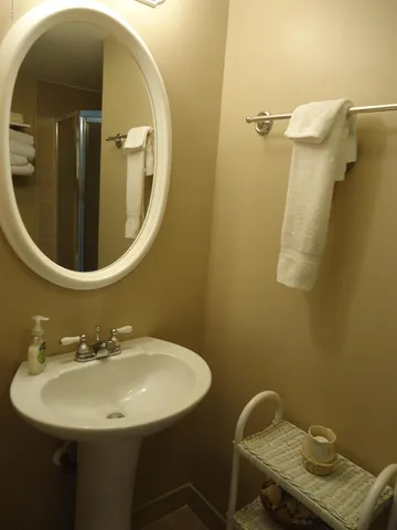 a bathroom with a sink and mirror