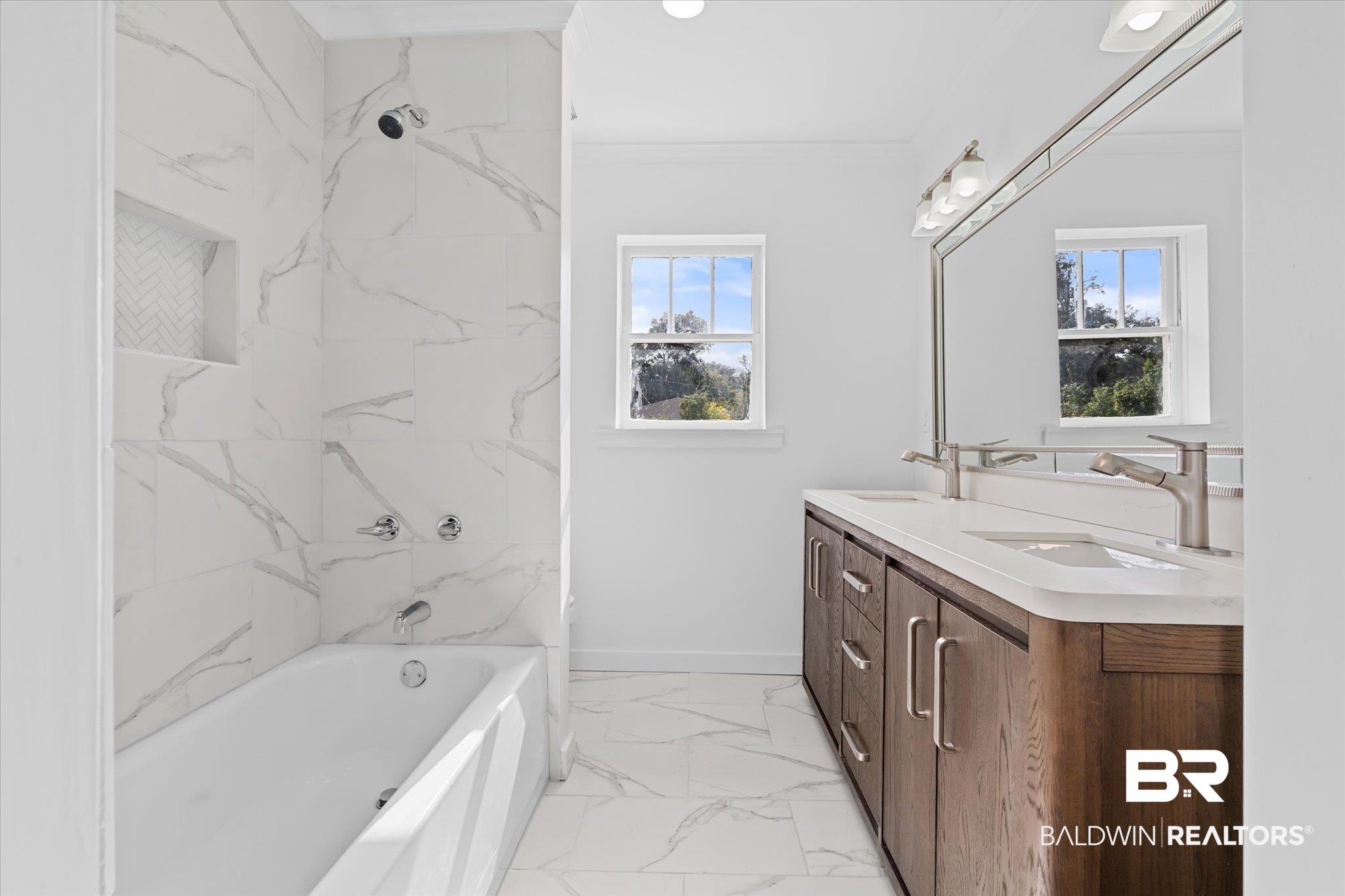 4630 General Road Mobile, AL 36619 - Photo 13 of 33 Bathroom featuring shower / tub combination, vanity, ornamental molding, and a healthy amount of sunlight