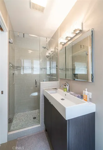 a bathroom with a sink a shower and a mirror