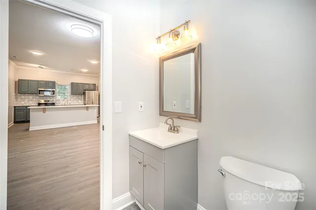 a bathroom with a toilet a sink a mirror and vanity