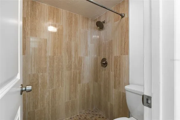 a bathroom with a shower and a toilet