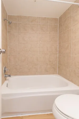 a bathroom with a bathtub and a toilet