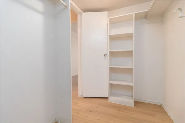 a view of an empty walk in closet with empty racks
