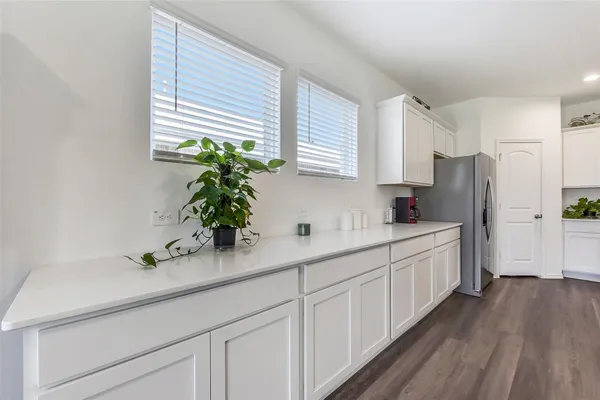 a kitchen with white cabinets and a potted plant
