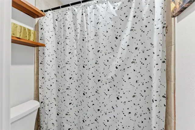 a bathroom with a toilet and a shower curtain