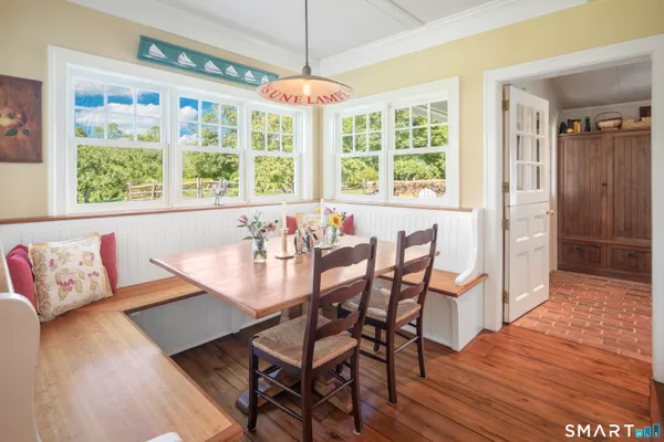 a view of a dining room with furniture window and wooden floor