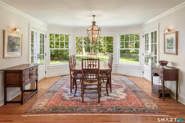 a view of a dining room with furniture window and wooden floor