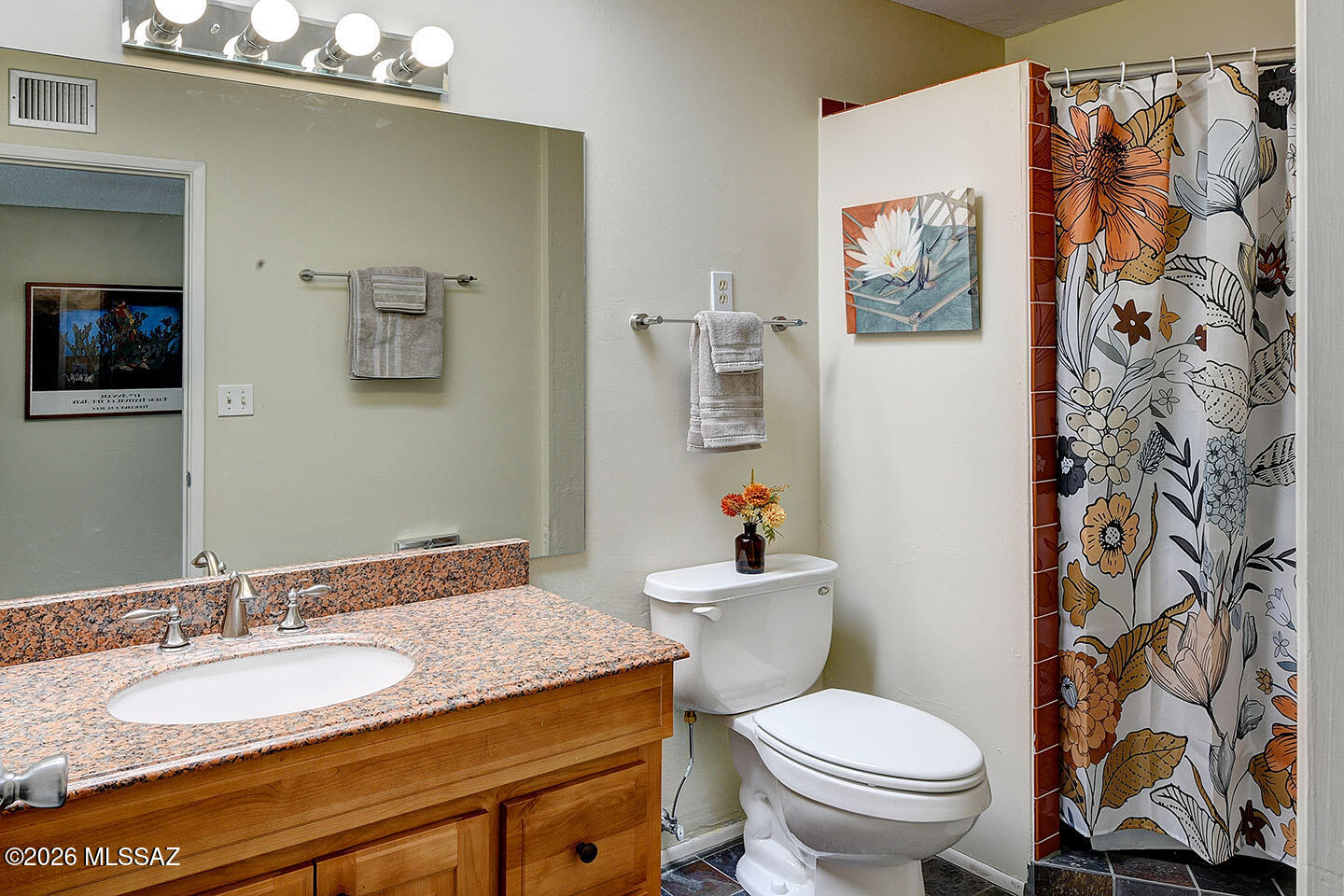 719 West Las Lomitas Road Tucson, AZ 85704 - Photo 31 of 44 a bathroom with a granite countertop toilet a sink and a mirror
