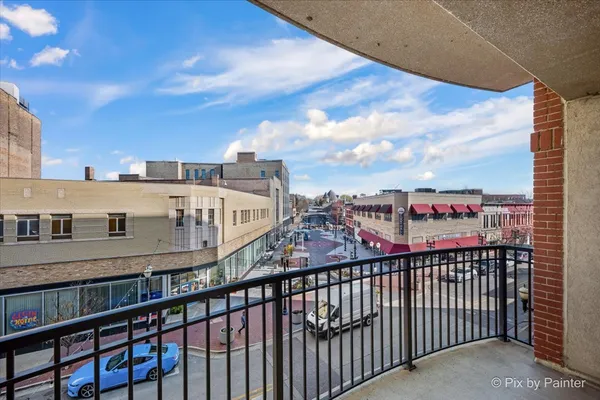 a view of a building from a balcony