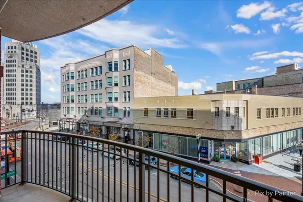 a view of a building from a balcony