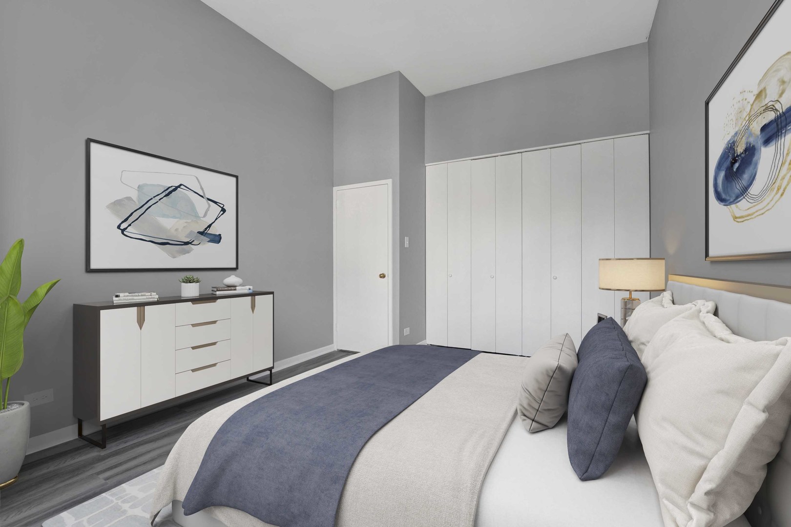 211 East Ohio Street, Unit 2925 Chicago, IL 60611 - Photo 6 of 14 a bedroom with a bed and painting on the wall