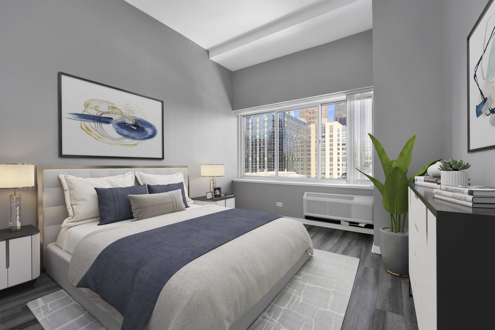 211 East Ohio Street, Unit 2925 Chicago, IL 60611 - Photo 7 of 14 a bedroom with a bed and a large window