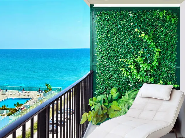 a view of a balcony with an outdoor space