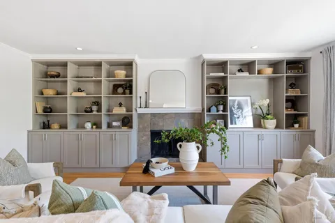 a living room with furniture and a potted plant