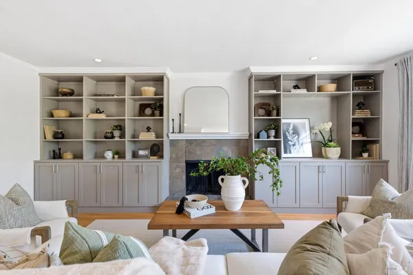 a living room with furniture and a potted plant