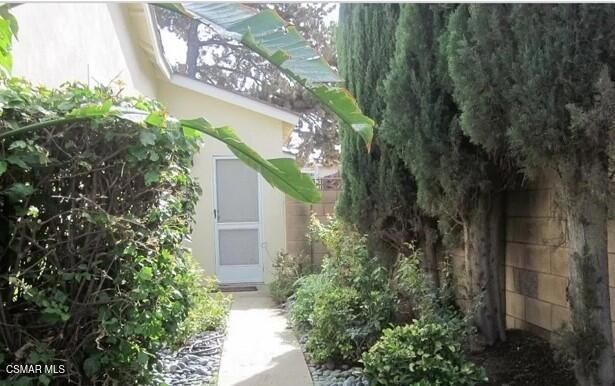 a garden view with a plants and a fountain
