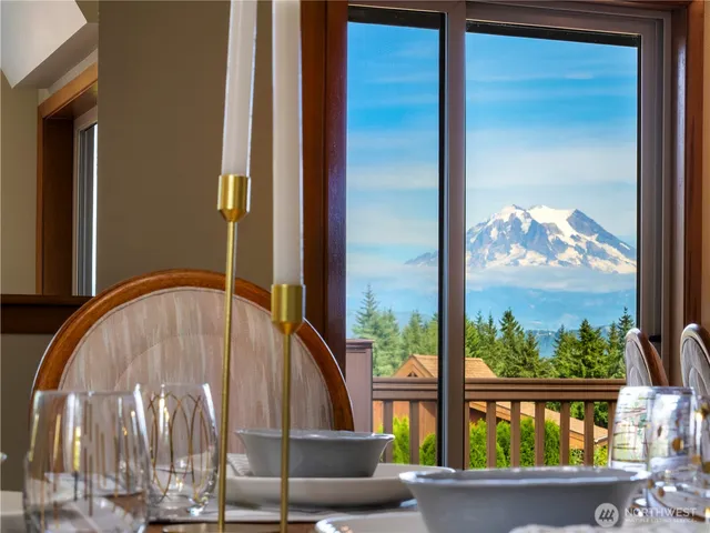 a view of a dining room with furniture and window