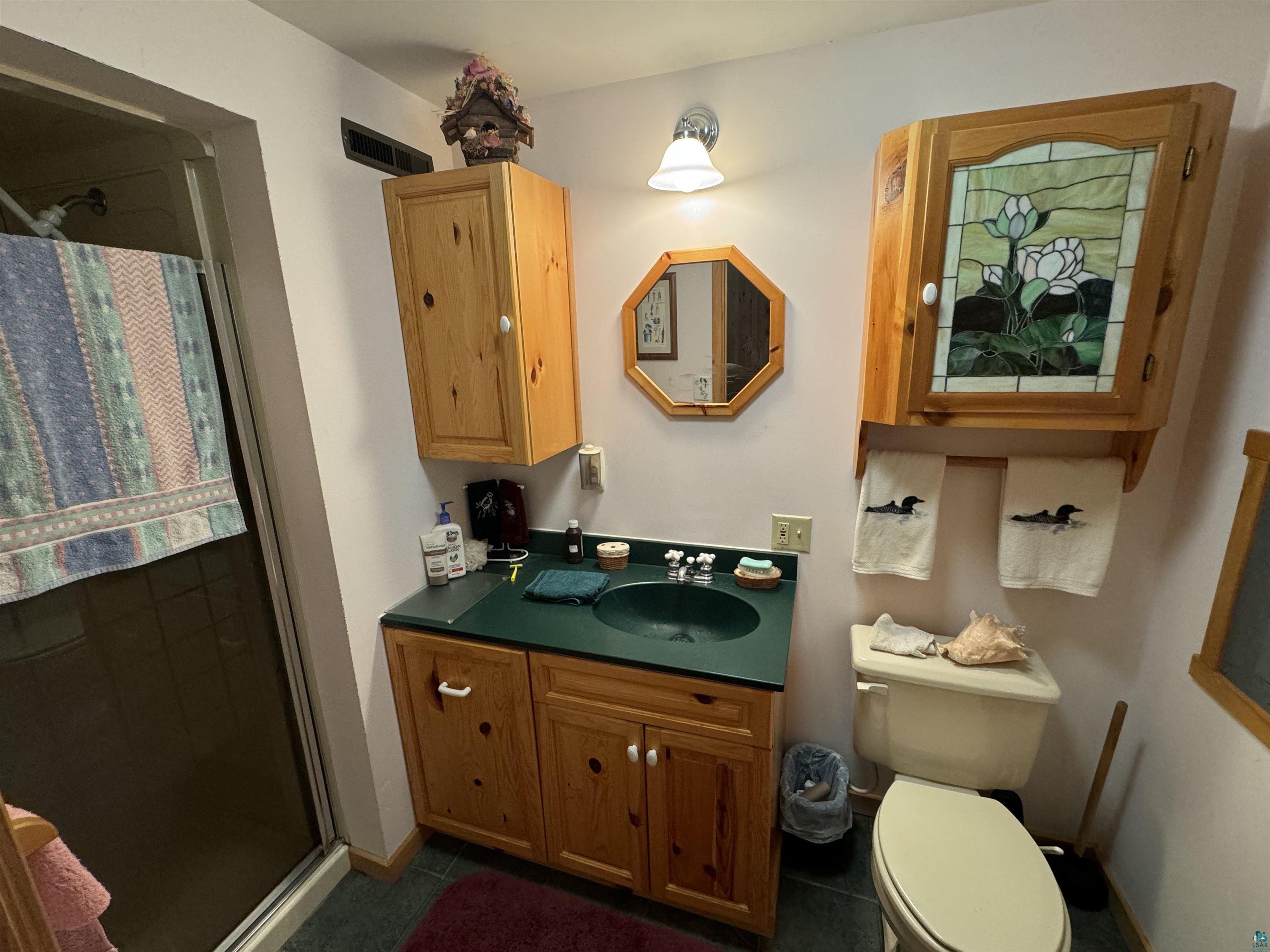 10690 Cedar Crest Road Iron River, WI 54847 - Photo 17 of 24 Bathroom with a shower with door, oversized vanity, and toilet