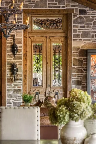 a view of a dining room with furniture window and outside view