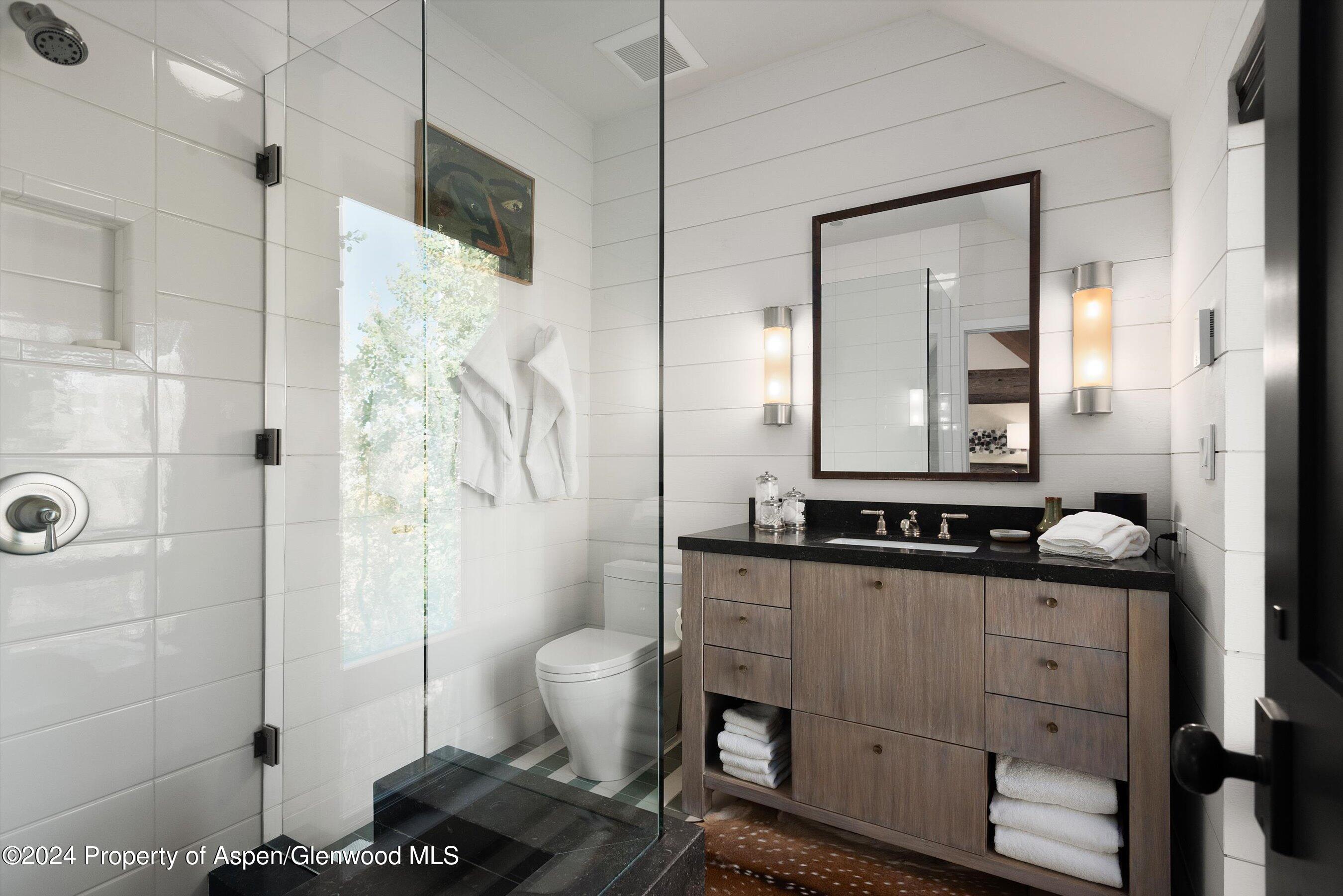 234 Bridge Lane Snowmass Village, CO 81615 - Photo 22 of 46 a bathroom with a granite countertop sink toilet a mirror a vanity and shower