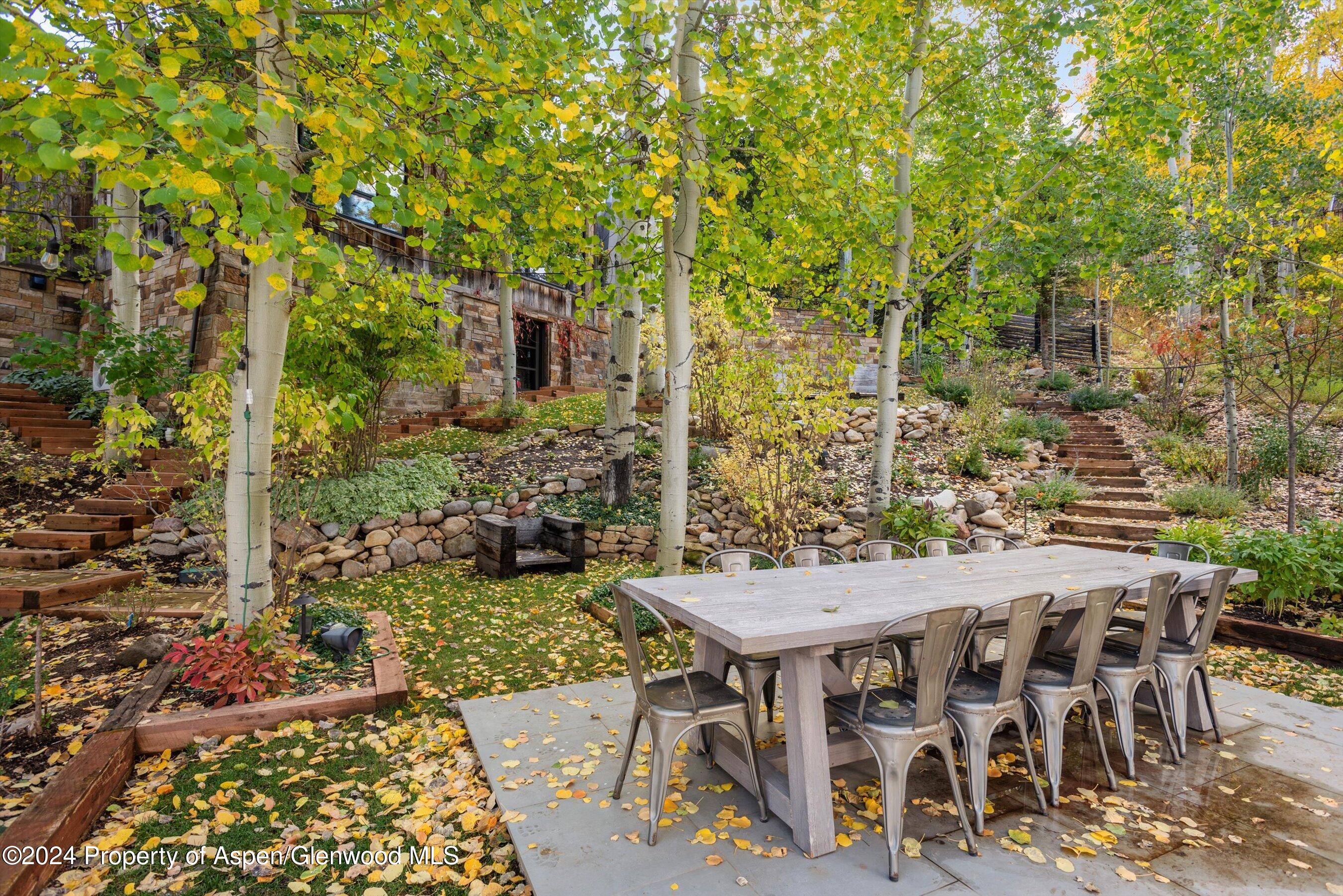 234 Bridge Lane Snowmass Village, CO 81615 - Photo 41 of 46 a view of a patio with table and chairs and potted plants with wooden floor and wall