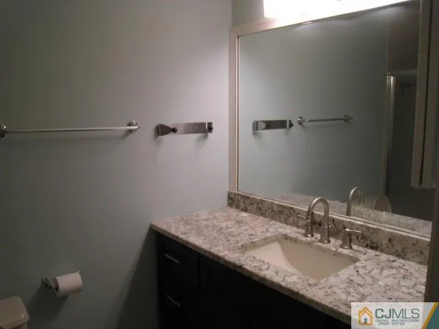 a bathroom with a granite countertop sink and a mirror
