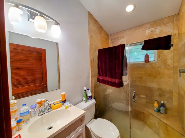 a bathroom with a sink toilet and shower