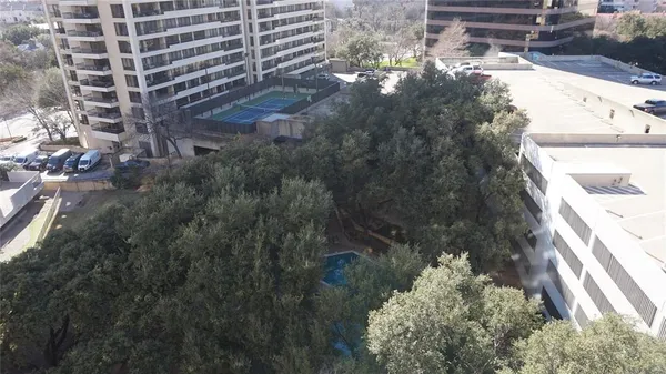 a backyard of a building with large trees and plants