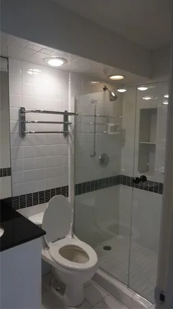 a bathroom with a shower and a toilet