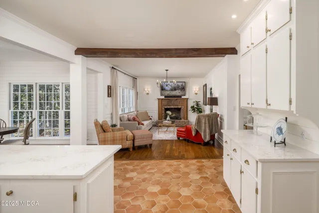 a large kitchen with cabinets