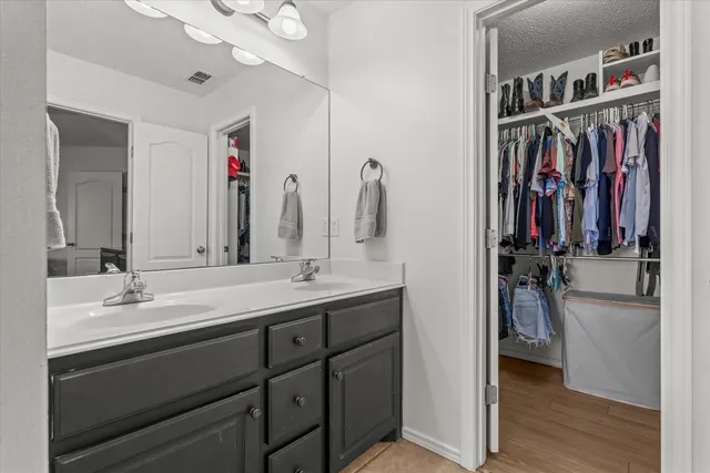 a bathroom with a sink vanity and a mirror