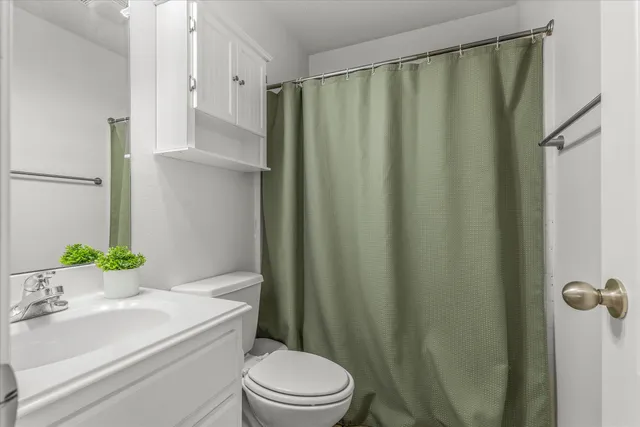 a bathroom with a sink a toilet and shower curtain