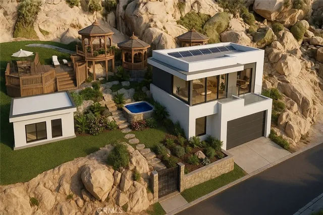 a aerial view of a house with a yard