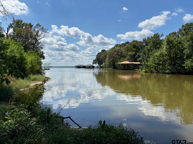 an aerial view of a house with a yard and lake view
