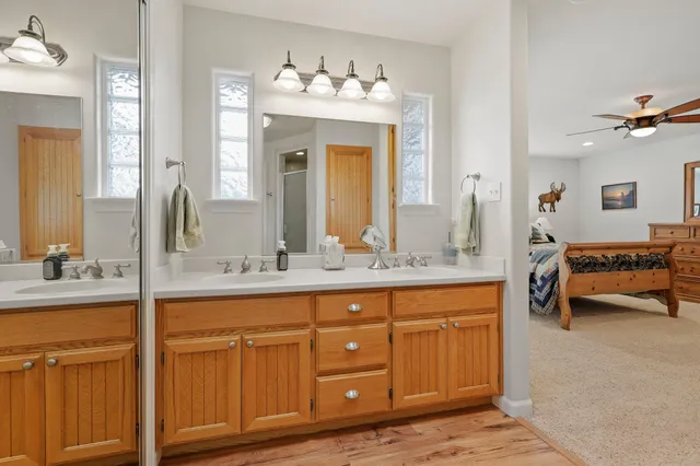 a bathroom with a sink a mirror and a shower