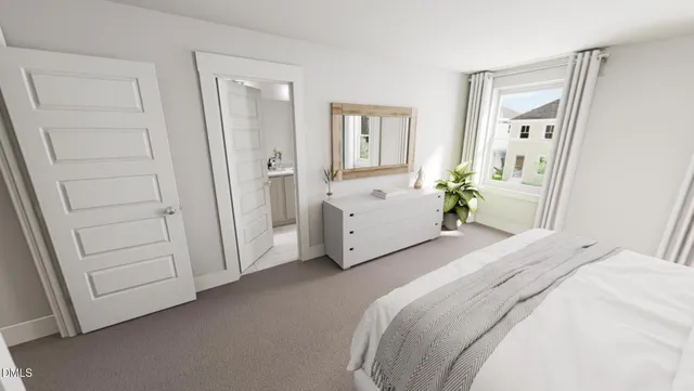 a spacious bedroom with a bed and a mirror