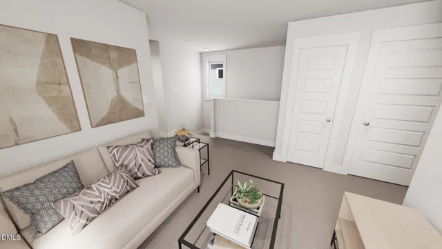 a living room with furniture and a mirror