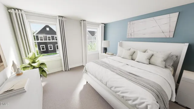 a spacious bedroom with a bed and a painting on the wall