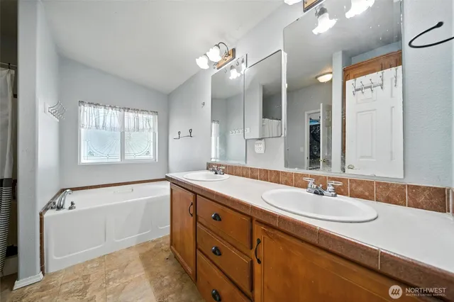 a bathroom with a sink double vanity granite tub and a mirror