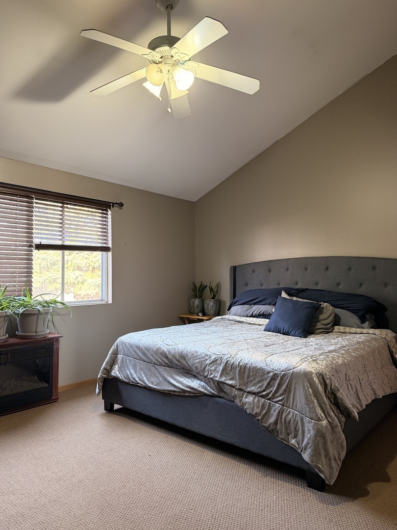 701 Davidson Drive, Unit B Minooka, IL 60447 - Photo 7 of 16 a bedroom with a bed and a chandelier