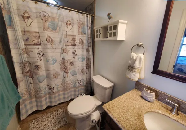 a bathroom with a granite countertop toilet sink and mirror