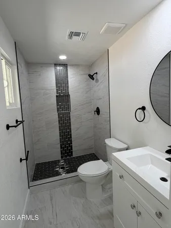 a bathroom with a sink a toilet and shower