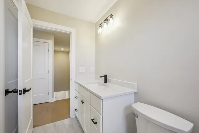 a bathroom with a sink mirror vanity and toilet