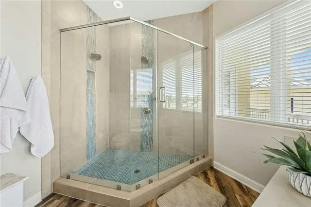 a bathroom with a shower and a sink