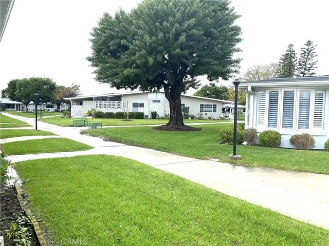 a view of a house with a big yard and potted plants and large trees
