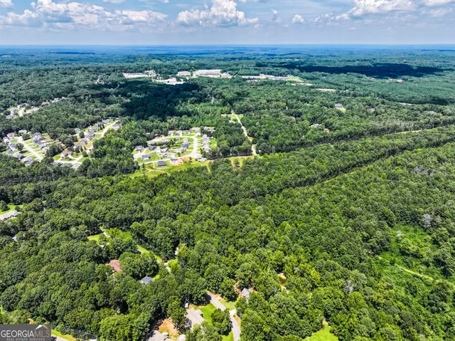 an aerial view of residential houses with outdoor space and trees